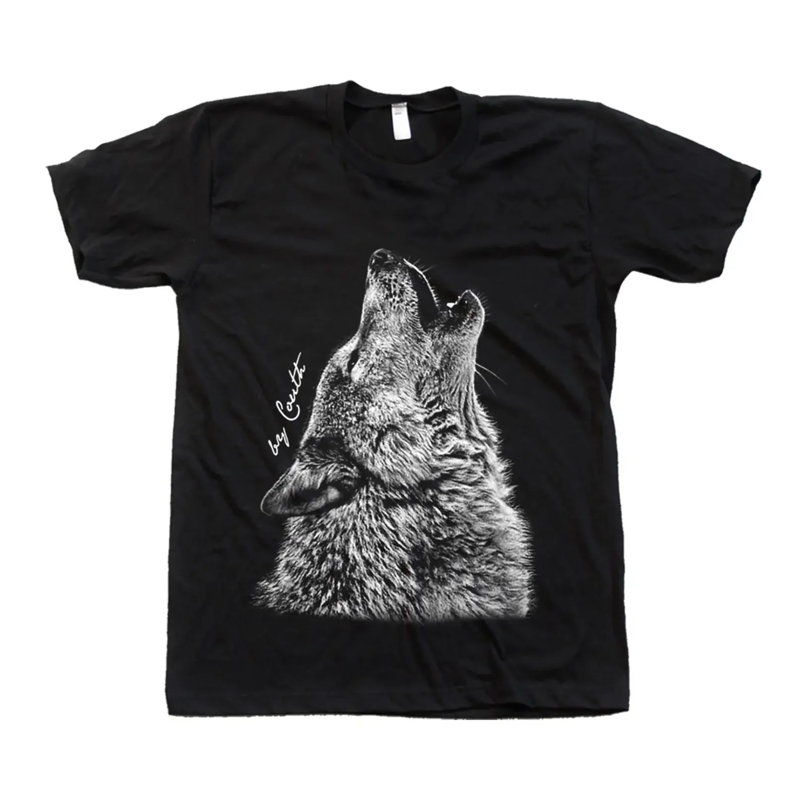 Howling Wolf T Shirt Animal Screen Print Black Crew Neck vintage Washed graphic fashion Top For Everyday Wear homme Soft