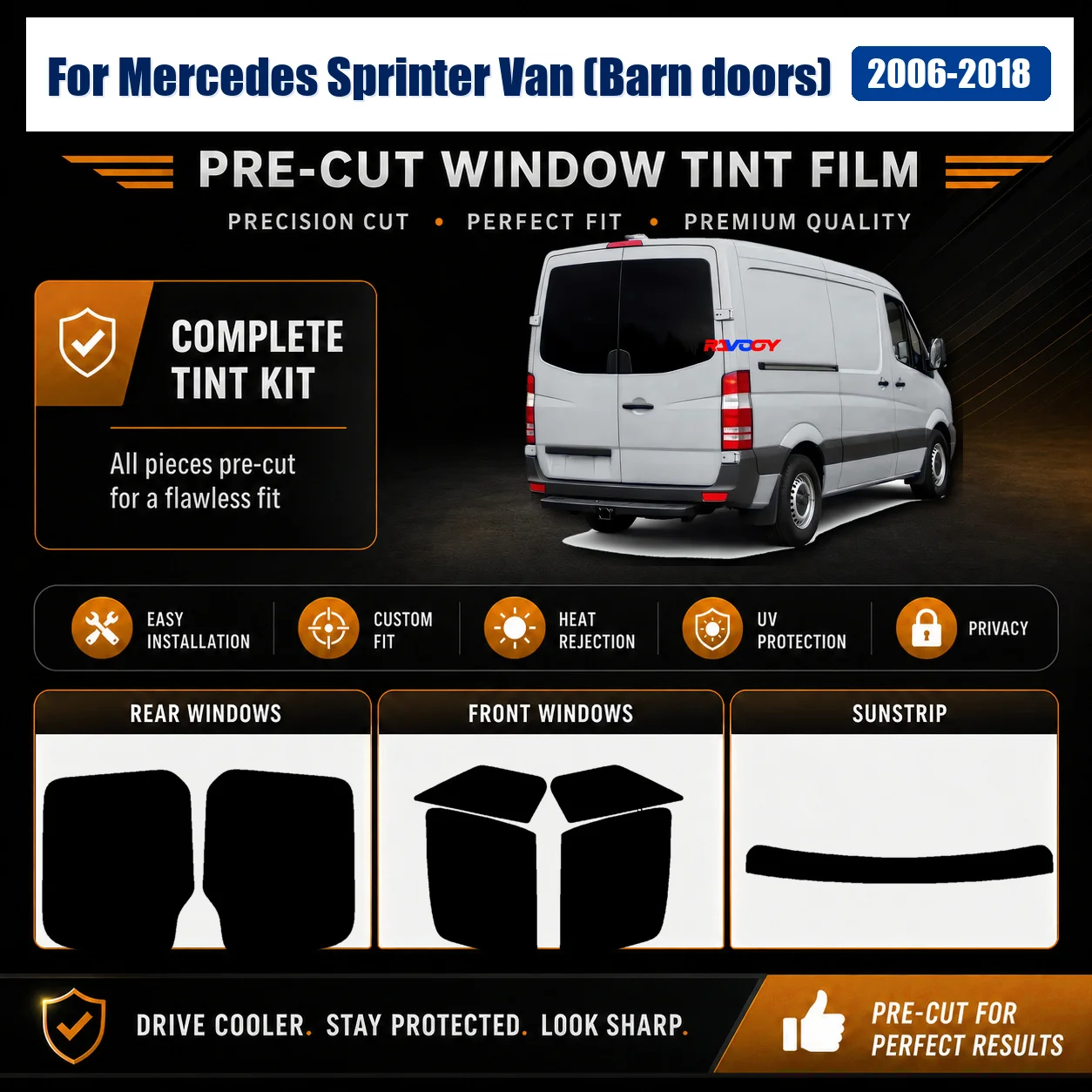 For Mercedes Sprinter Van (Barn doors) 2006-2018 Precut Tint Film Premium Front Rear Side Window Custom Cut Kit