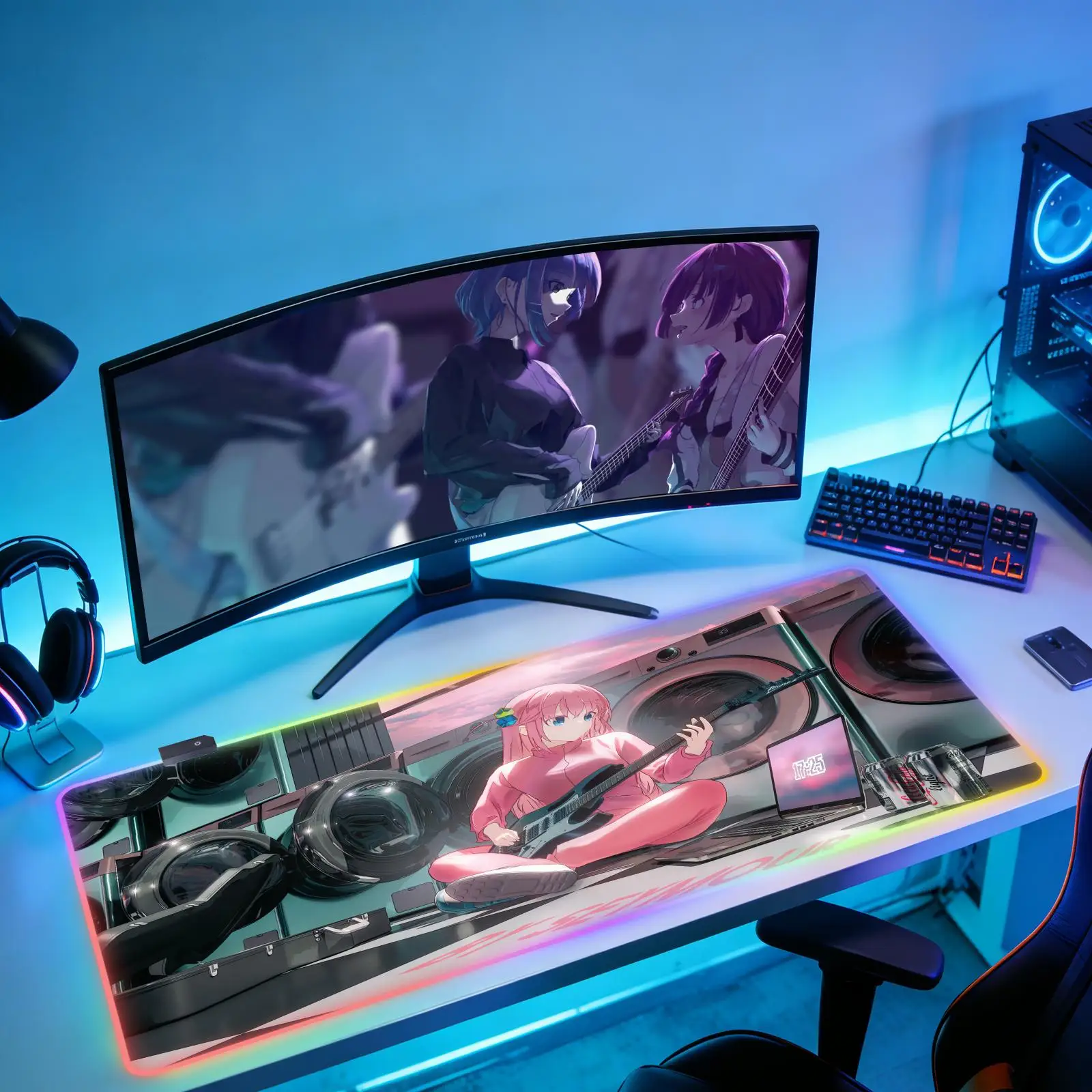 

Большой игровой коврик для мыши B-Bocchi The Rock с RGB-подсветкой, резиновый коврик для компьютерной мыши, аниме-принт HD, коврик для мыши с запрессованными краями, аксессуар для геймеров