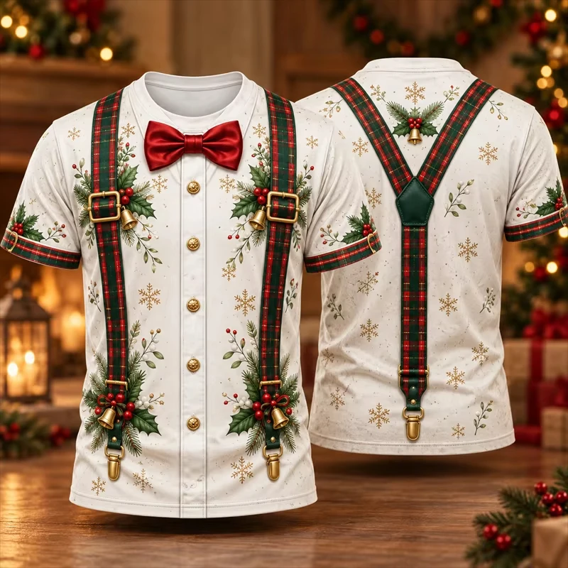 Men's Winter Christmas Holiday Suspenders Shirt 3D-Printed Short-Sleeve T-Shirt Santa Claus Checkered Snowflake Reindeer Top