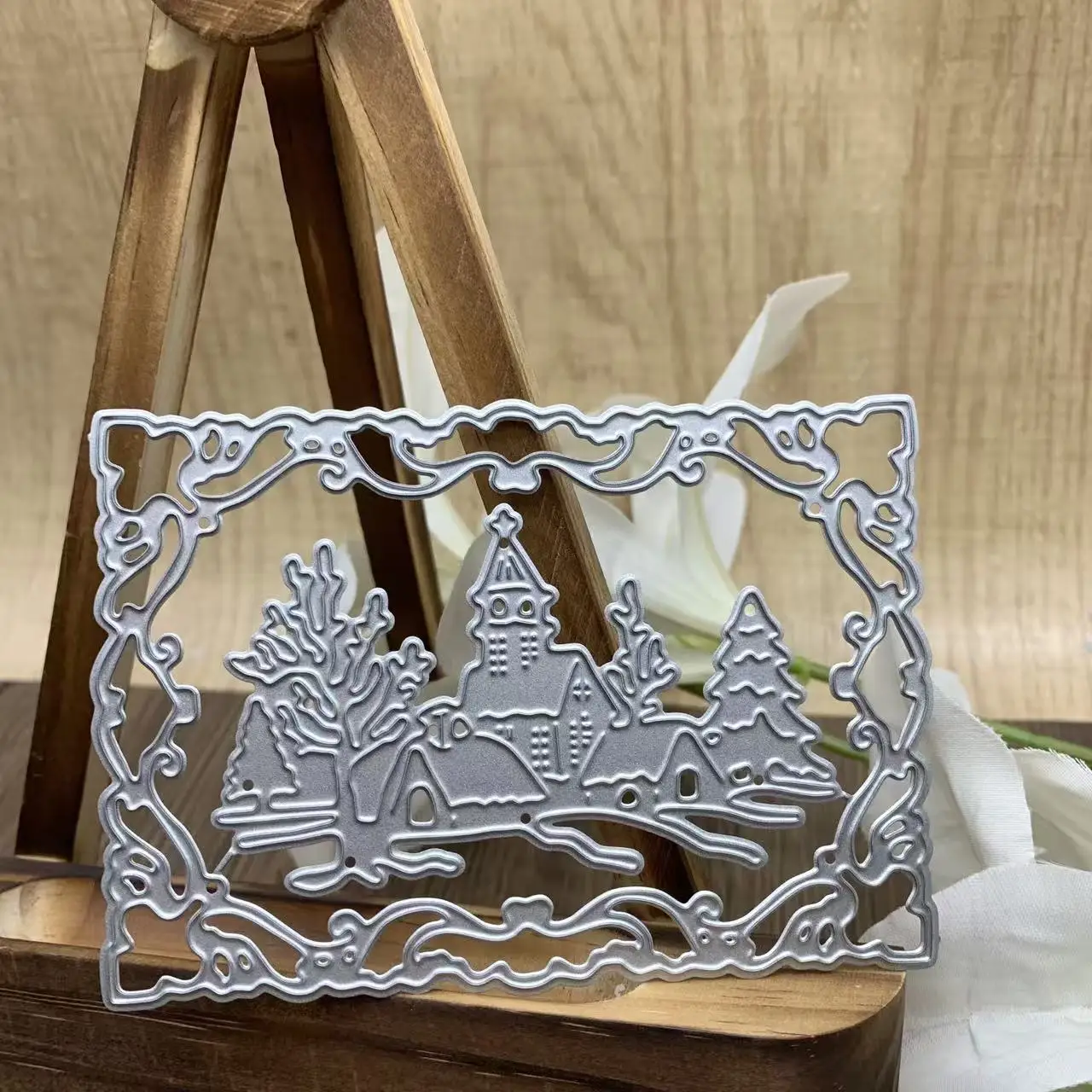 Winter Snow Village Castle Vintage Lace Frame Metal Cutting Dies Christmas Scene DIY Scrapbooking Card Dies