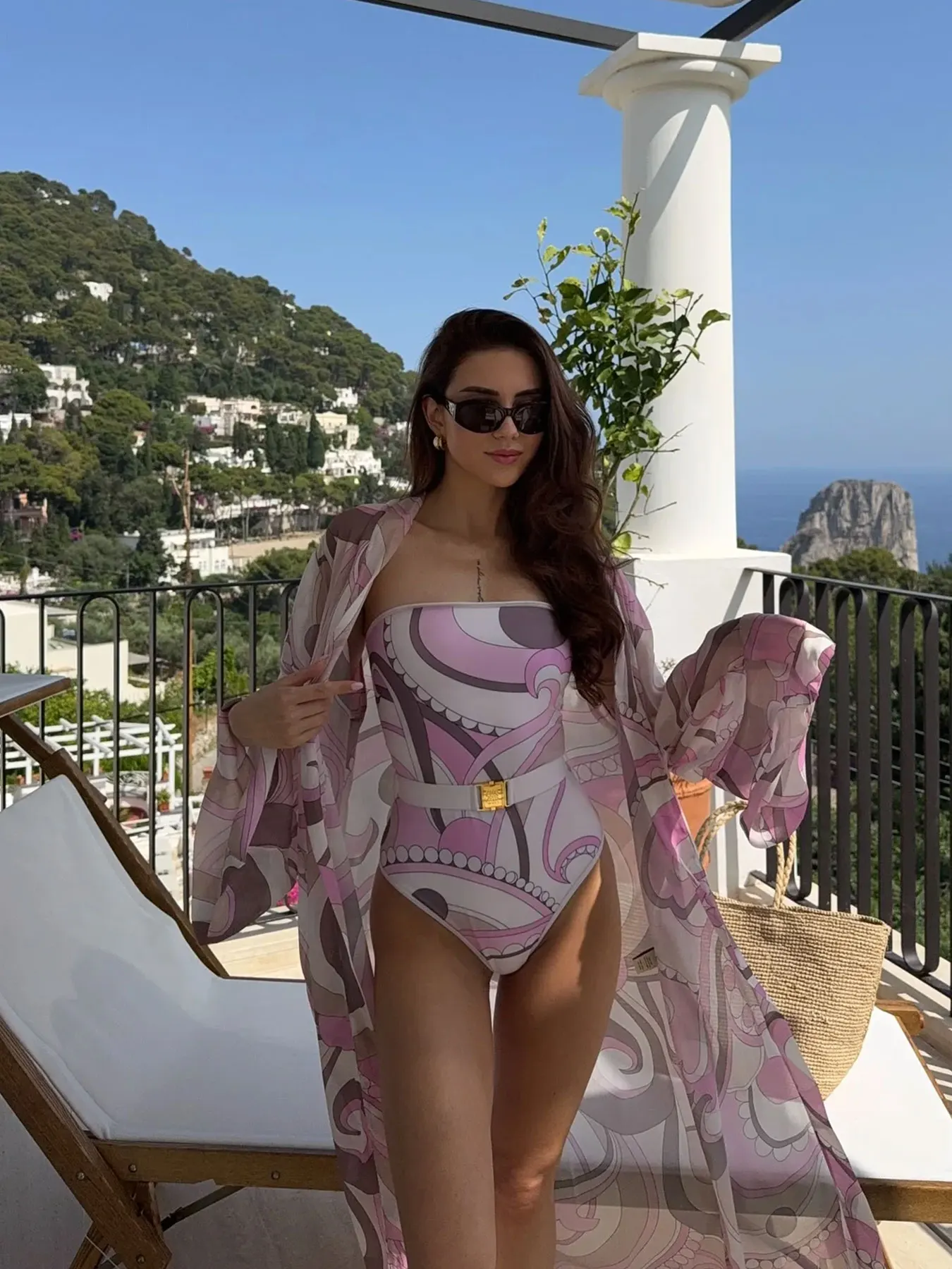 Maillot de bain une pièce artistique, imprimé abstrait rose violet, avec ceinture à la taille, parfait pour les soirées, pour femmes, 2025