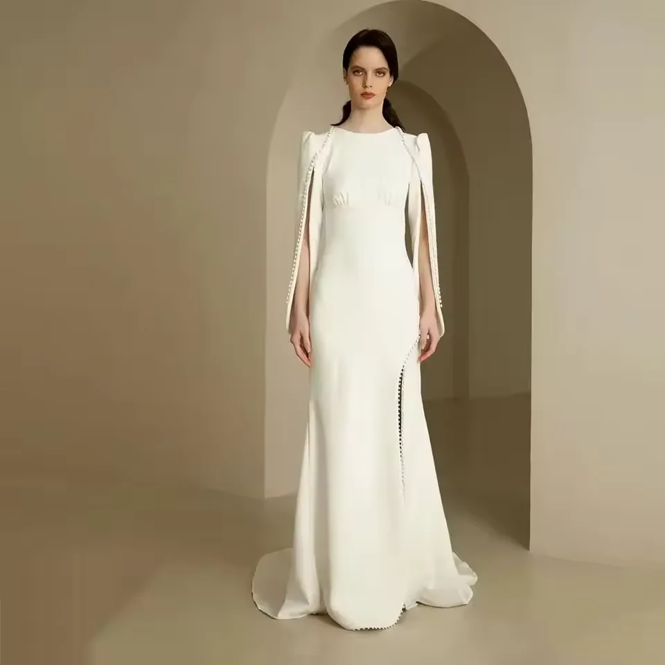 

Romantic 2025 Mermaid Customized O-Neck Long Sleeves Backless Button'Wedding Dresses Bride Dress For Women Vestido De Noiva