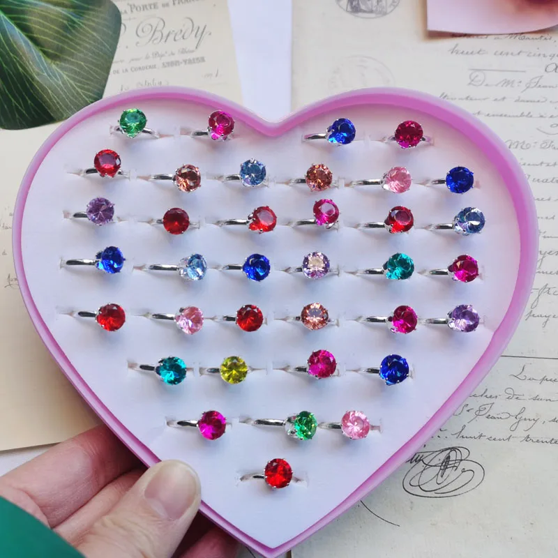 5pcs/Box Zircon Rings For Girls Kids Child Jewelry Adjustable Little Crystal Play Box Gift Toy Pretend Dress Up Rhinestone Ring