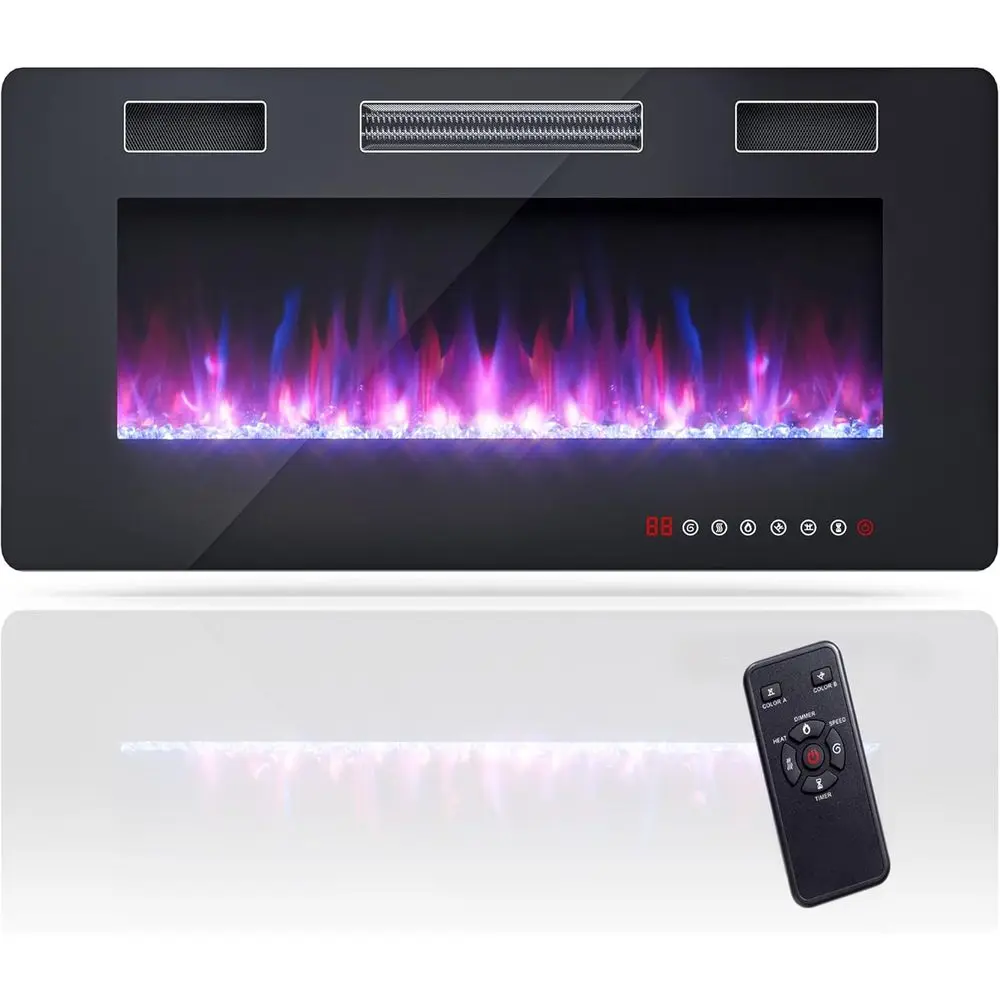 

36 Wall-Mounted Electric Fireplace Insert with Remote, 1-8H Timer, Touch Controls, Adjustable Flames, 5 Speeds, 750/1500W