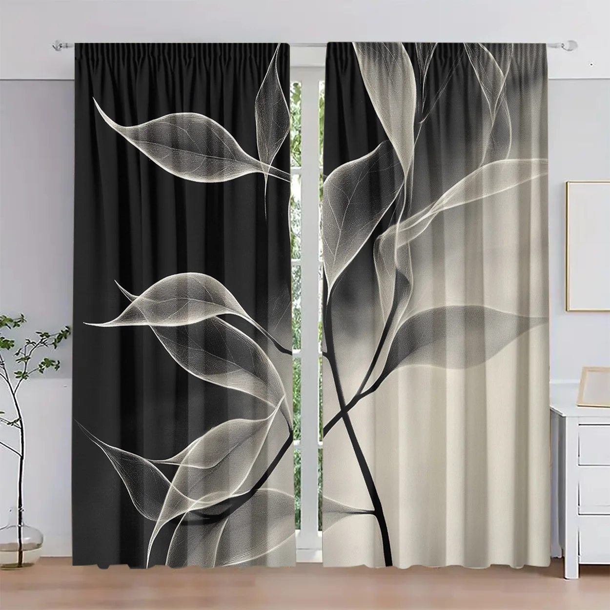 Black White Transparent Leaf Window Curtain 2 Panels, Thin Vein Skeleton Leaf Gradient Tone Bedroom Home Decor Curtain