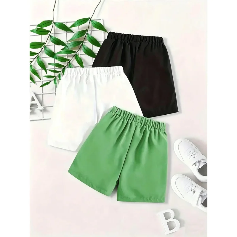 3 Boys Summer Casual Sports Stretch Shorts Solid Color Label Patch Fashion Gift Item for Kids