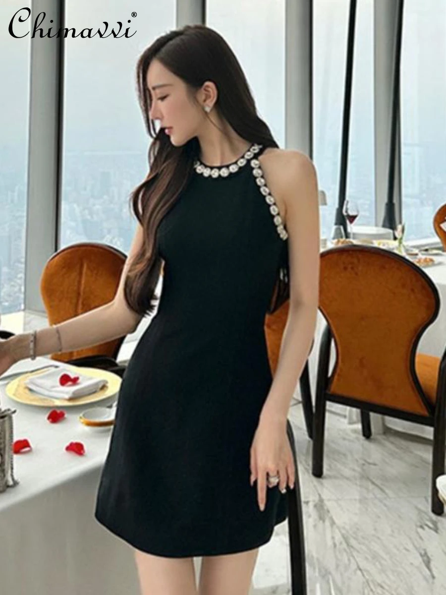 

Black Acetate Heavy Diamond Strip Decorative Dress 2024 Summer Dresses New French Elegant Diamond Sexy Elegant Sheath Dress