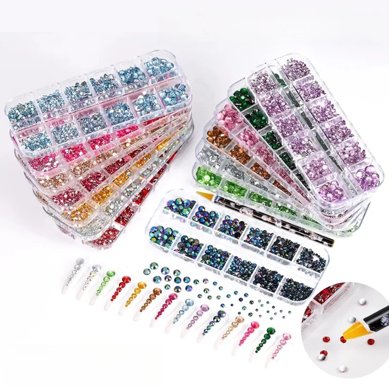 12 Grids Mixed Nail Rhinestones Shiny Clear/Gold/Pink/Blue Diamond Flat-back Nail Gems Glass Stones Nails Decoration