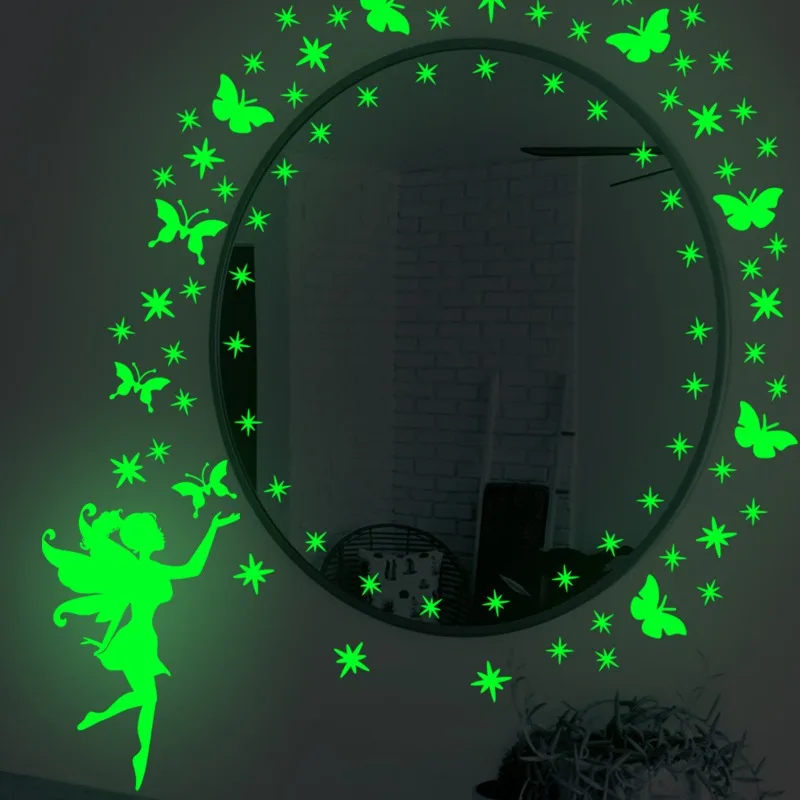 Glow in The Dark Fairy Decals Luminous Butterfly Moon Star Wall Stickers for Kids Nursery Girl Room Fluorescent Stars Decoration