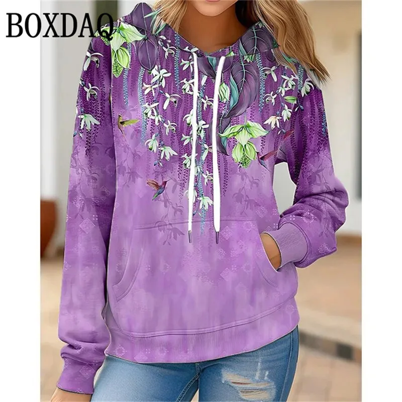 Vintage Flower Hoodies Floral 3D Print Women Fashion Winter Pullover Hooded Sweatshirts Streetwear Loose Pockets Woman Clothing