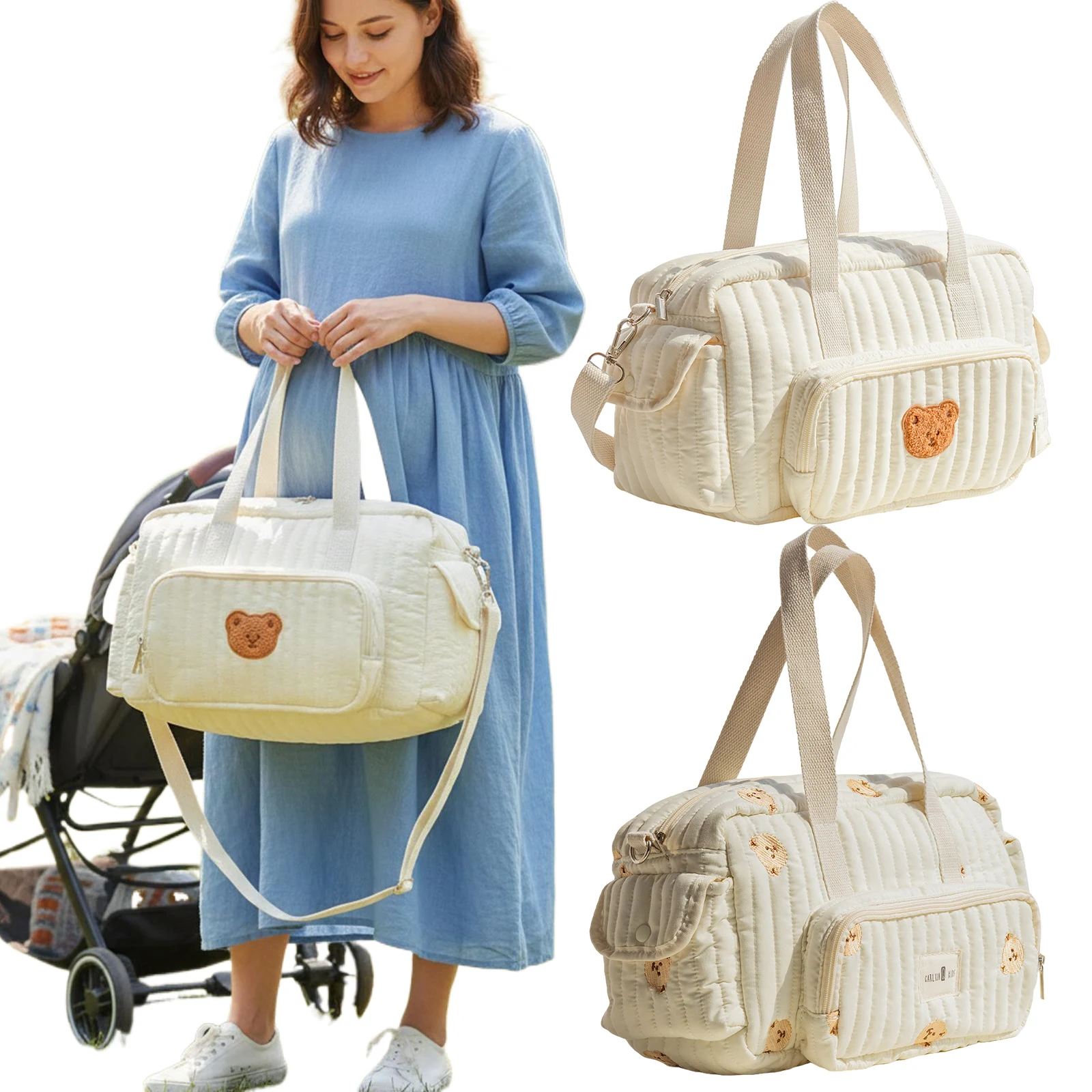 

Стеганая сумка для мамы, многофункциональная сумка для подгузников, сумка-тоут с плечевым ремнем, сумка для хранения для 2-х детей-близнецов