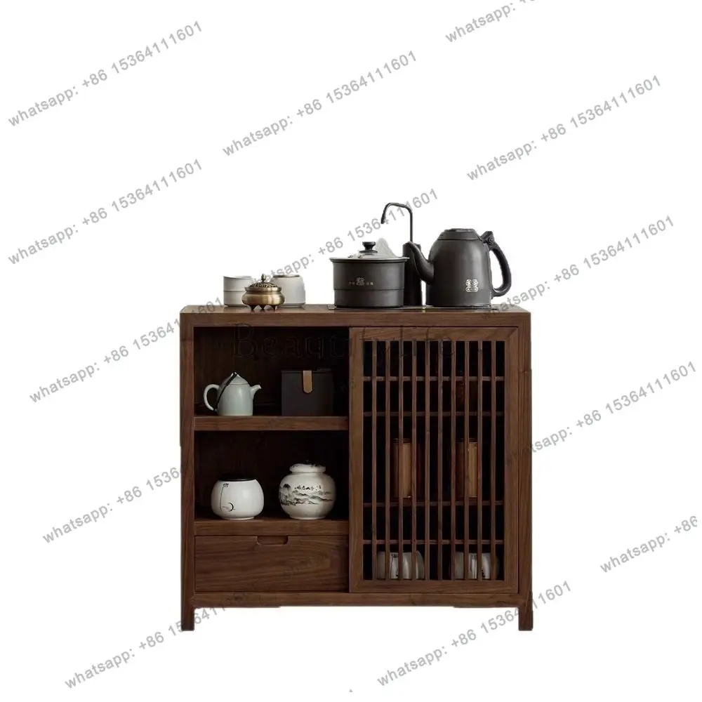 Factory Direct Sales Solid Wood New Chinese Tea Cabinet Black Walnut Mobile Boiling Counter Tea Set