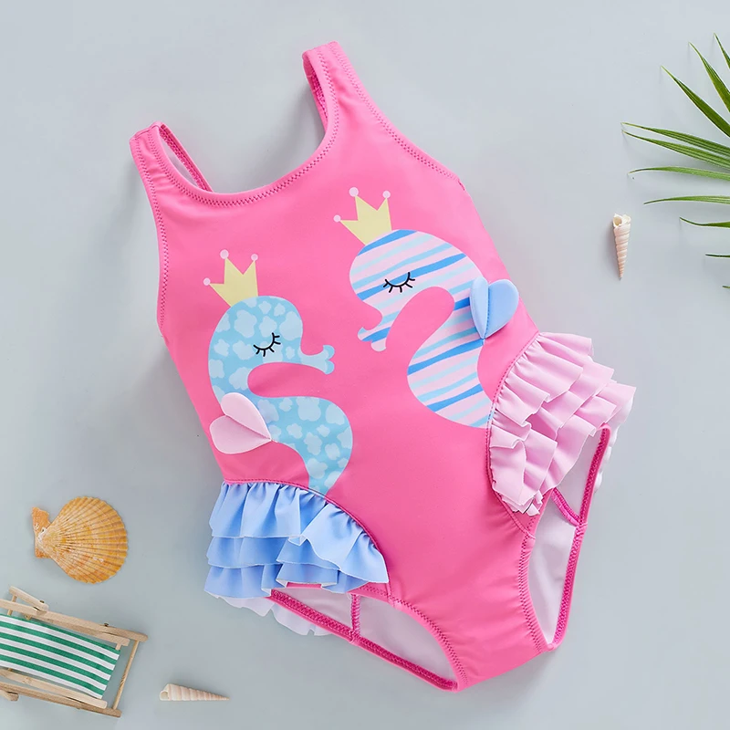 New Fashion Toddler Girls Summer Jumpsuit Bikini Flamingo Little Fish Print Sleeveless Ruffle Swimsuit 18 Months-6 Years