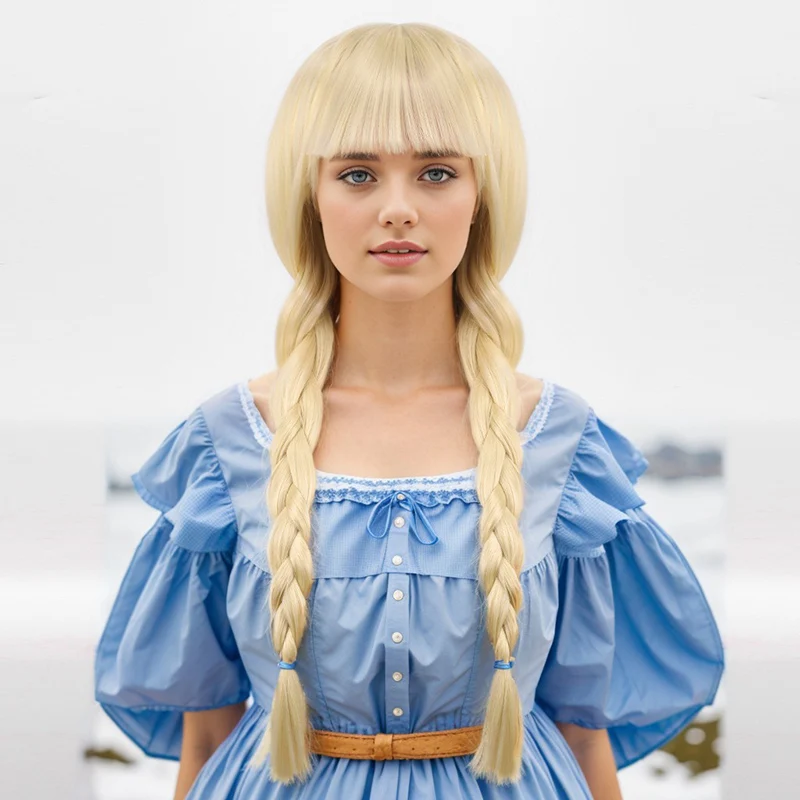 Dinner Party Clothing Match Woman Double Braids Lady Daily Dress Up Headwear Straight Bangs Headgear Anime Cosplay Wig Long Hair