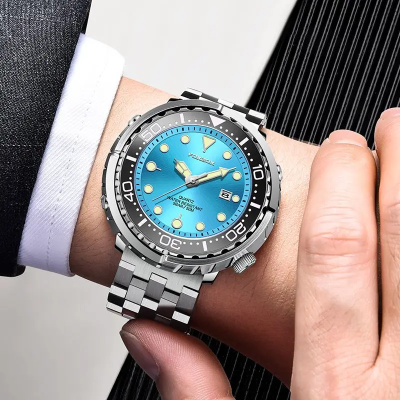 Foxbox relógio de quartzo luminoso masculino, caixa de liga de zinco, pulseira de aço inoxidável, calendário de três mãos, 30m, à prova d'água, relógio masculino de negócios
