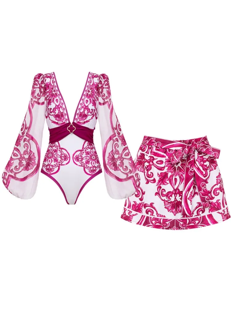 

Новый летний купальник-боди с юбкой для женщин, пляжная одежда с рюшами и принтом, комплект для отпуска, накидка-бикини