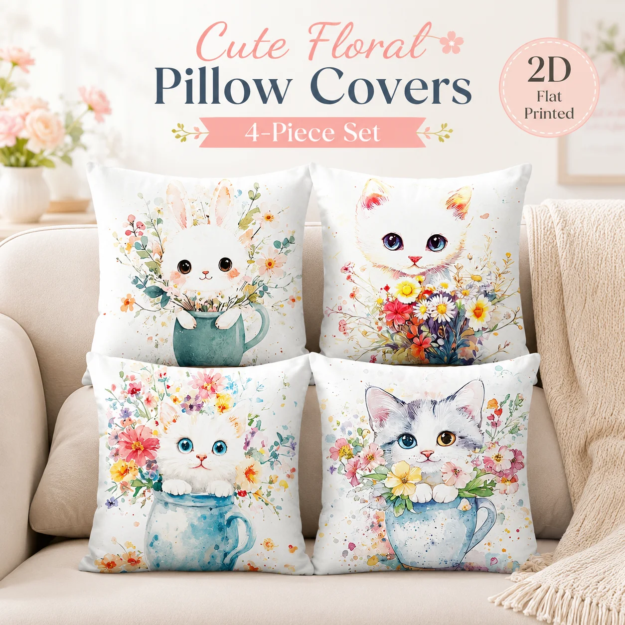 

2D Flat Printed Peach Skin 4 PCS Cushion Covers Lovely Animal Floral Pillow Covers Room Decor Coussin Sofa Kids Room Aesthetic