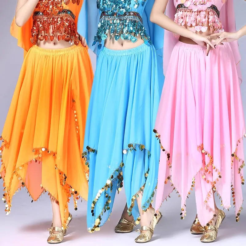 Women Dance Wear Indian Dance Carnival Skirts Belly Dance Petal Skirt with Sequin Trim Gold Coins Classic Chiffon Skirt