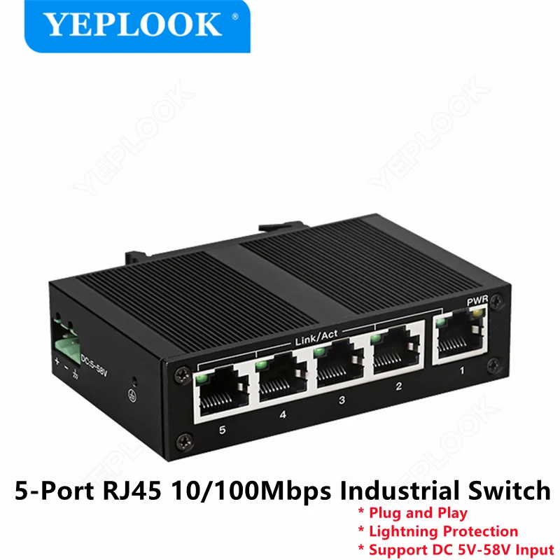 5 Ports RJ45 10/100Mbps Industrial Switch Ethernet Network Switch Support DC 5V-58V Input, Plug & Play, Lightning Protection