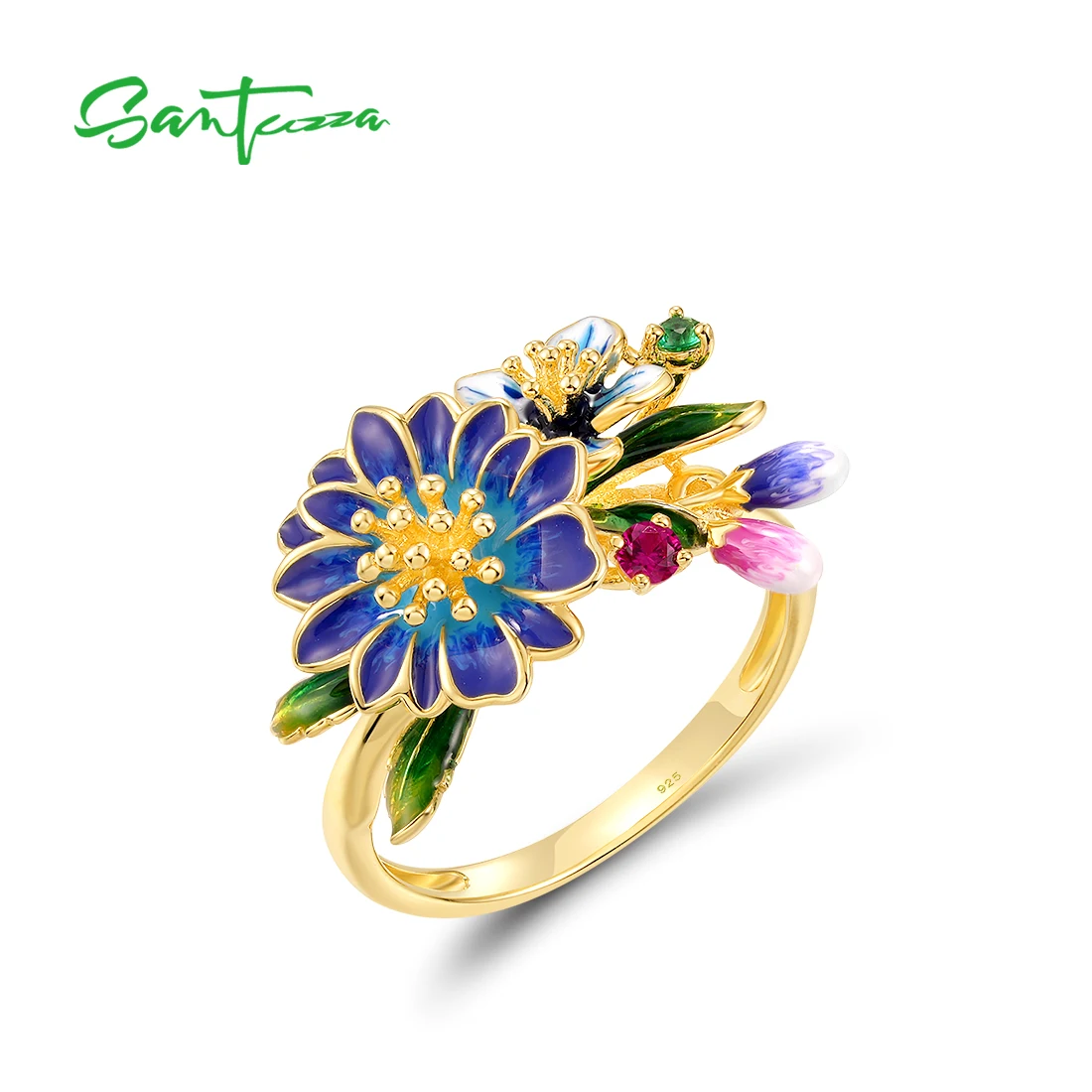 

SANTUZZA Genuine 925 Sterling Silver Rings For Women Created Ruby Spinel Blue Enamel Flower Stylish Birthday Gifts Fine Jewelry