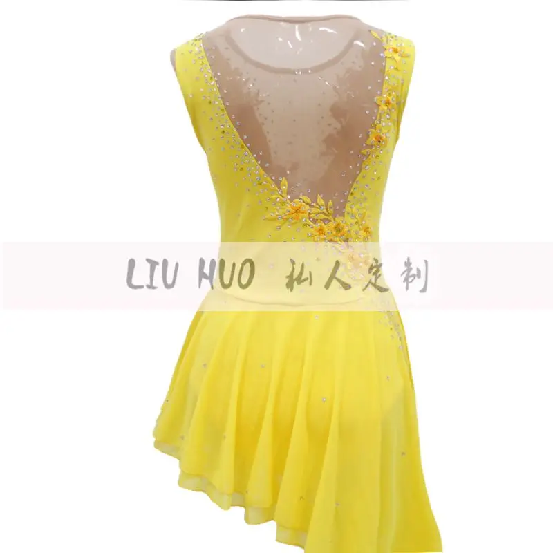 LIUHUO Figure Skating Dress Women's Girls' Ice Performance Yellow Sleeveless Rhythmic Gymnastics Competition Leotard Roller Kid