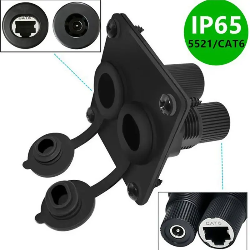 CJSD-IP65 Waterproof Panel Mount Socket RJ45 Cat6 + DC5521 2-In-1 Feed-Through Connector Ethernet Power Wall Socket