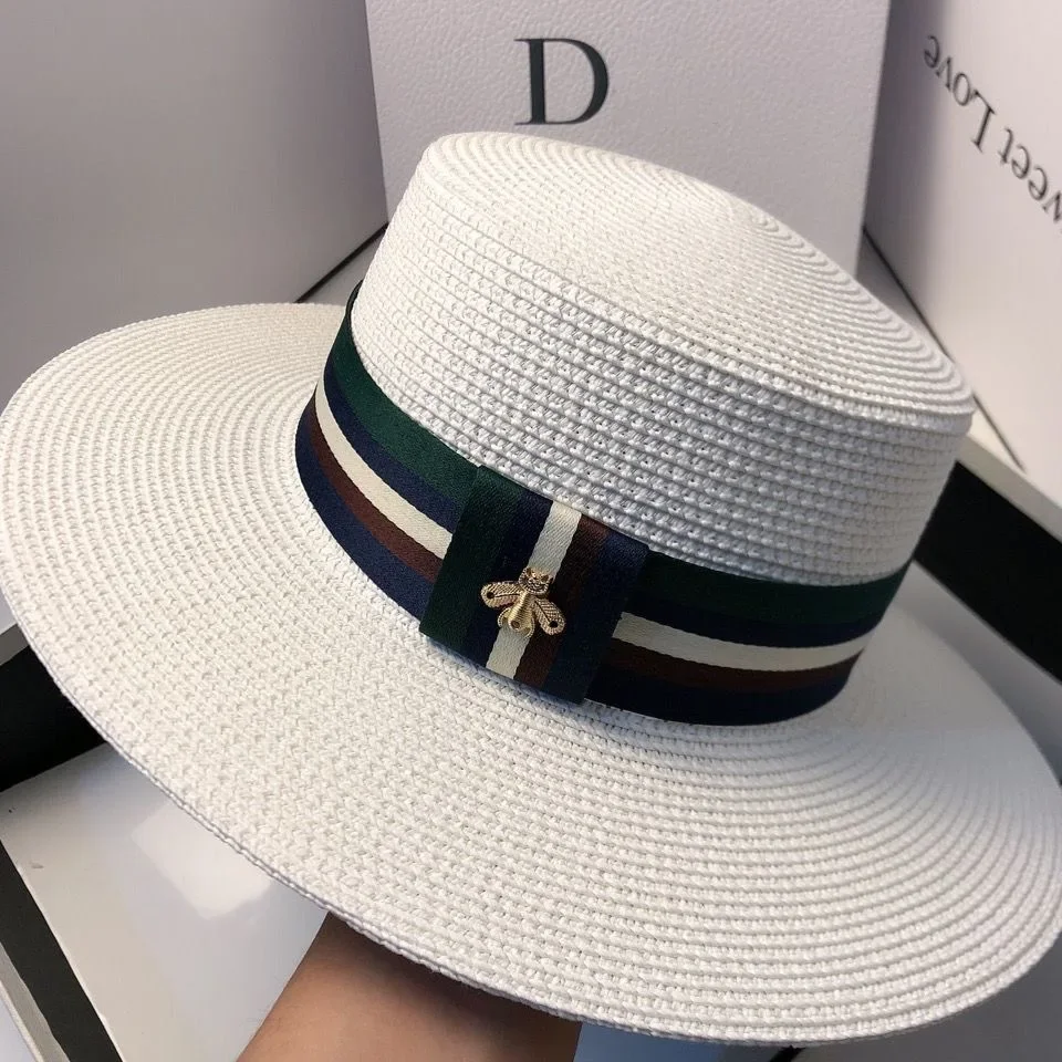 قبعة نسائية صيفية واسعة الحواف من القش، متعددة الألوان، مخططة على شكل نحلة، عصرية للسفر في الهواء الطلق، حماية من الشمس