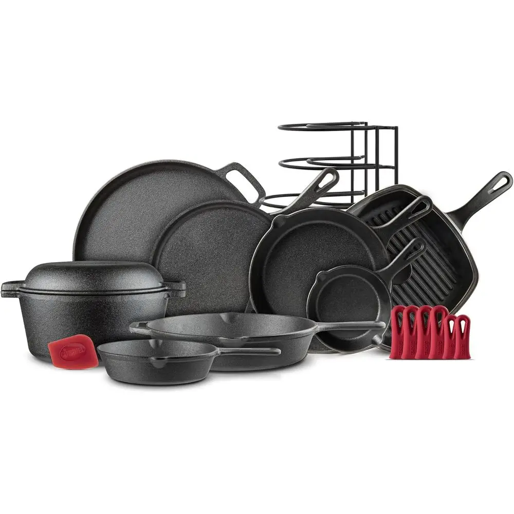 

18-Piece Cast Iron Cookware Set - Pre-Seasoned Skillets, Grill Pan, Lids, Griddle, Pizza Pan, Dutch Oven, Pan Rack, Silicone Han