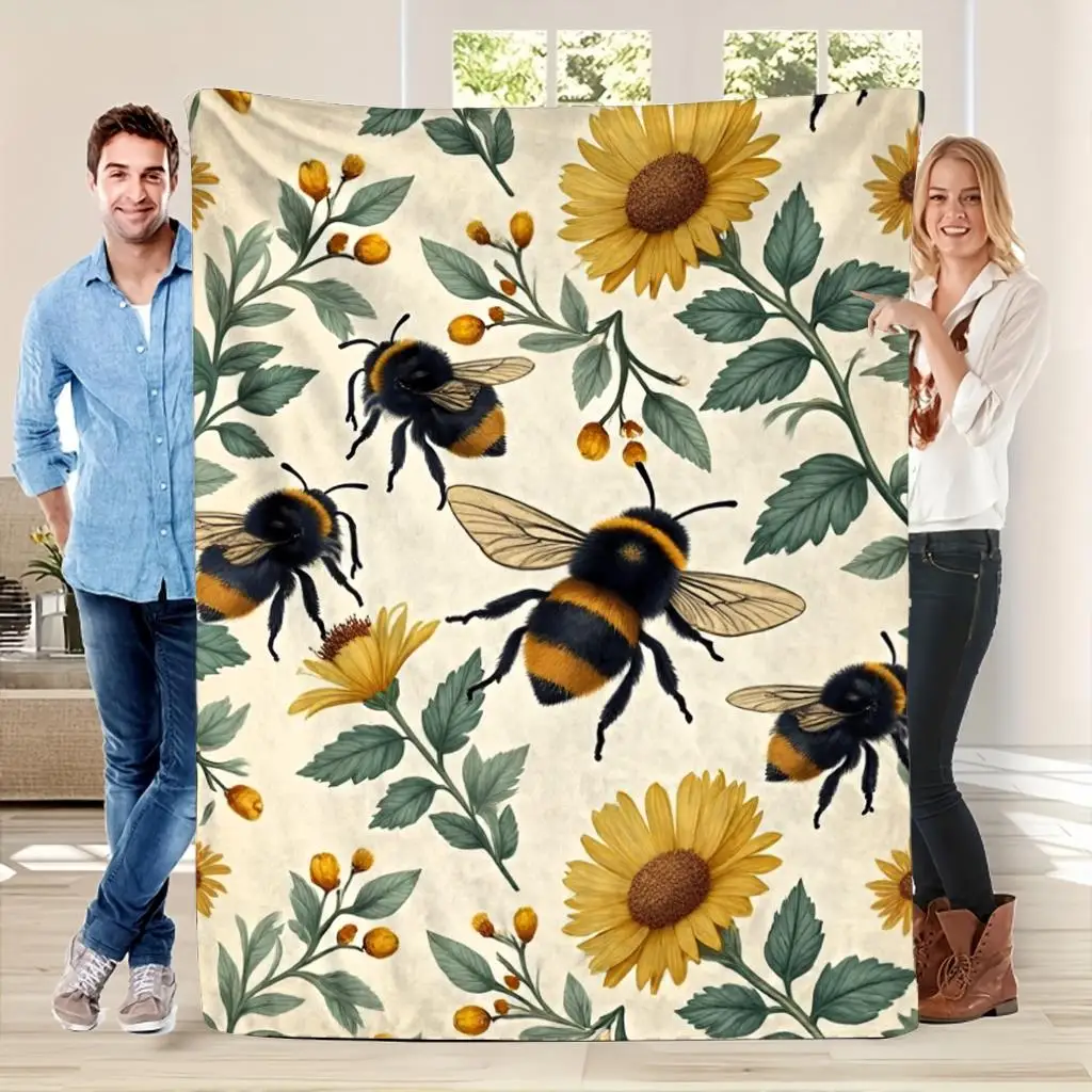 Vintage Bumblebee Sunflower Print Flannel Throw Blanket Retro Bee Floral Botanical Pattern Soft Plush Blanket for Sofa Bed Couch