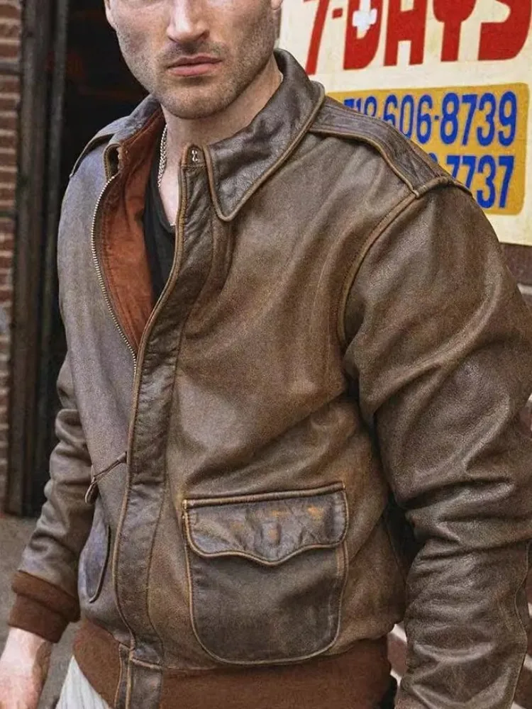 Vintage Design Mens Cowskin Genuine Leather Jacket Handmade Distressed Motorcycle Short Coat Lapel Spring Casual Pilot Jackets