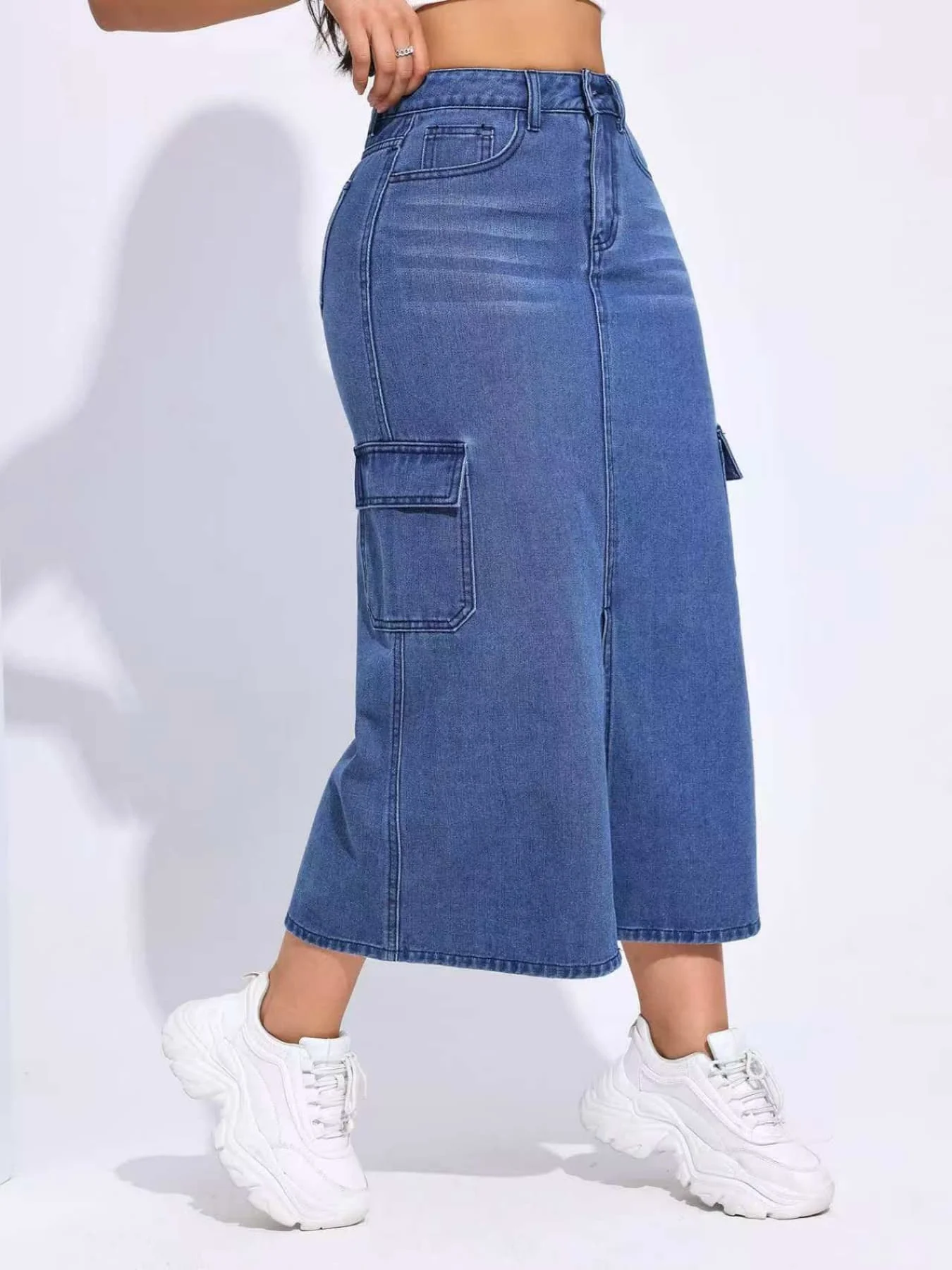 Cargo Multi Pocket High Waist Split Washed Slim Retro Trendy Casual Women's Midi Skirt