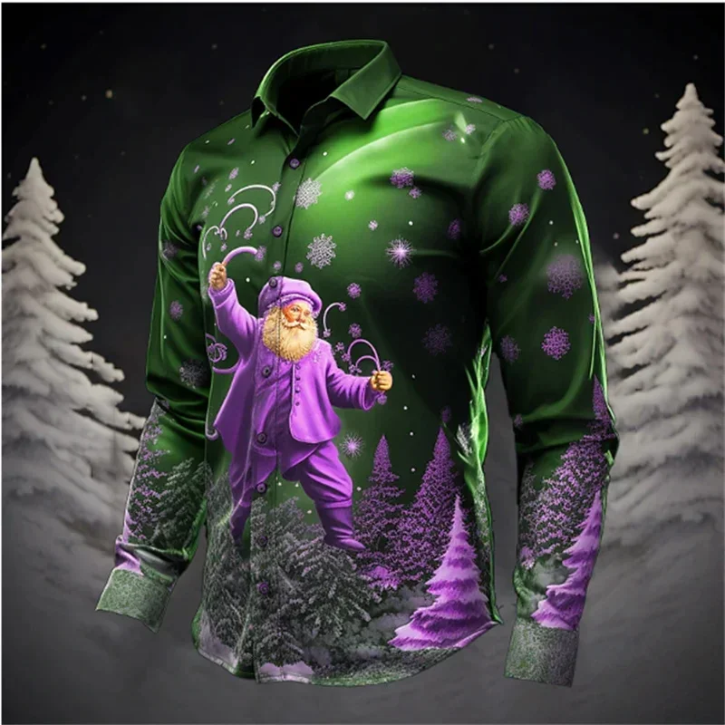 Santa Claus Christmas tree casual men's shirt, suitable for autumn and winter, long sleeves, mandarin collar, stretch fabric, av