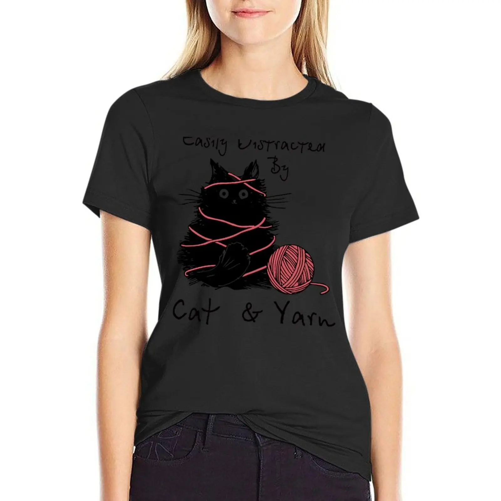 Easily Distracted By Cat And Yarn T-Shirt cute clothes quick-drying cute tops summer top Womens graphic t shirts