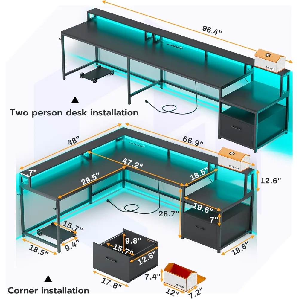 Mesa para jogos em forma de L, mesa de escritório doméstico de 66 "com gaveta de arquivo e tomada de energia, mesa de computador para jogos de canto com luzes LED