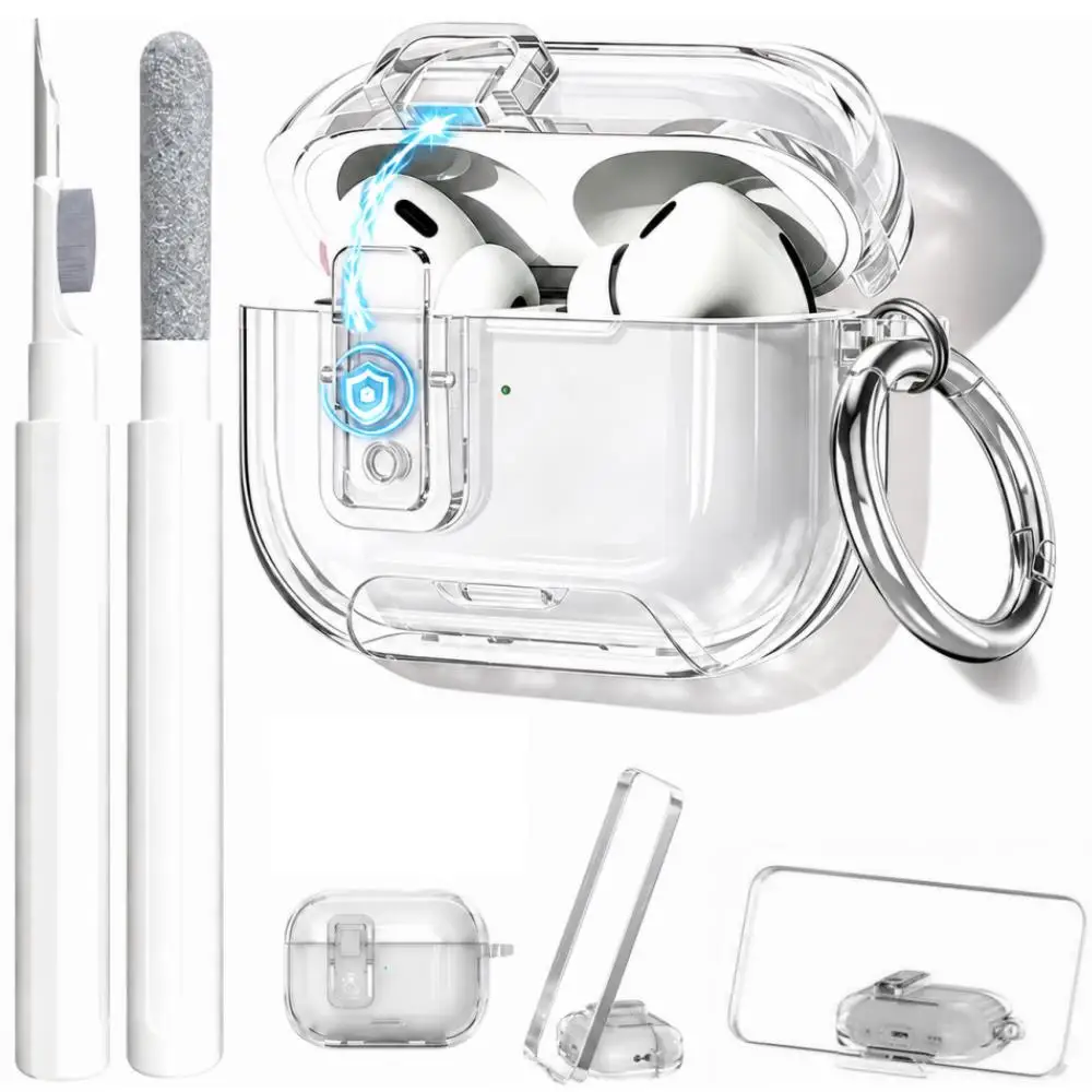 Clear Case for AirPods Pro 3/Pro2/Pro/4 Safety Lock Phone Stand Design Auto-Open Lid Cover with Keychain for AirPods 4/Pro 3/Pro