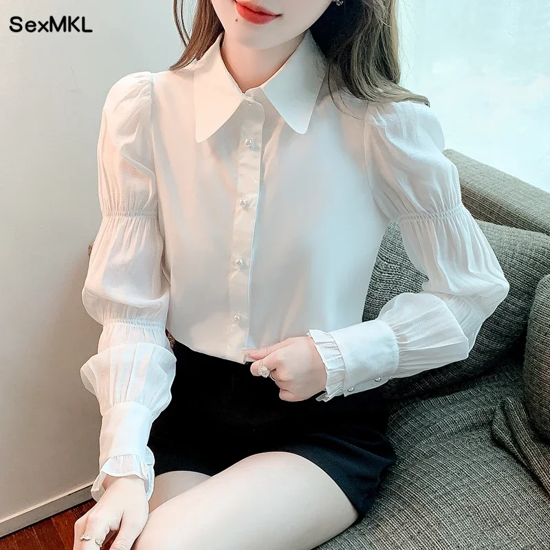 

Elegant White Chiffon Shirts Office Women Autumn Winter Long Sleeve Blusas Mujer Korean Fashion Clothes Puff Sleeve Ladies Tops