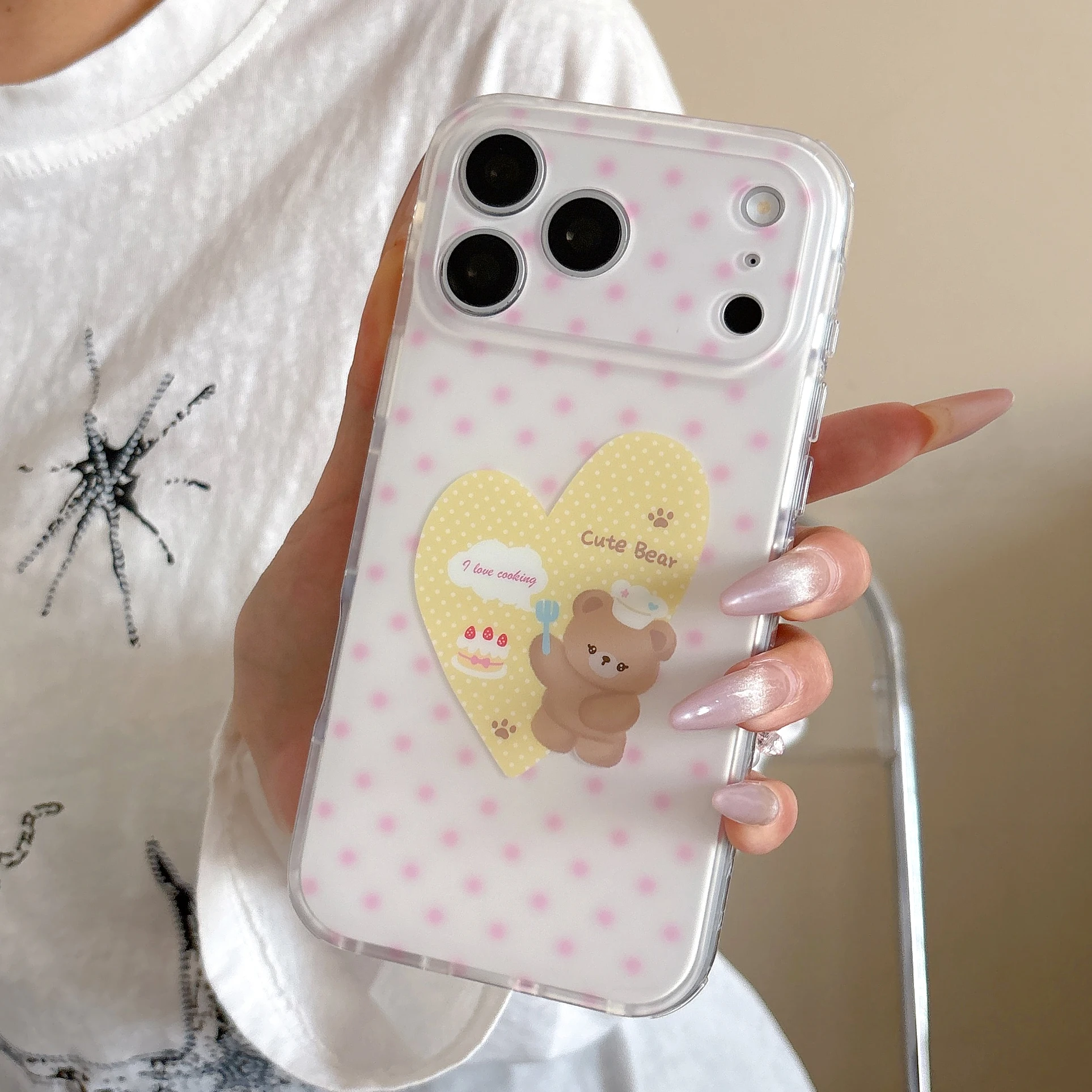 Cartoon Simple Bear Polka Dot Pattern Pink White Shockproof Protective Cover Case For iPhone 17 16 15 Pro Max with Lanyard - view 4