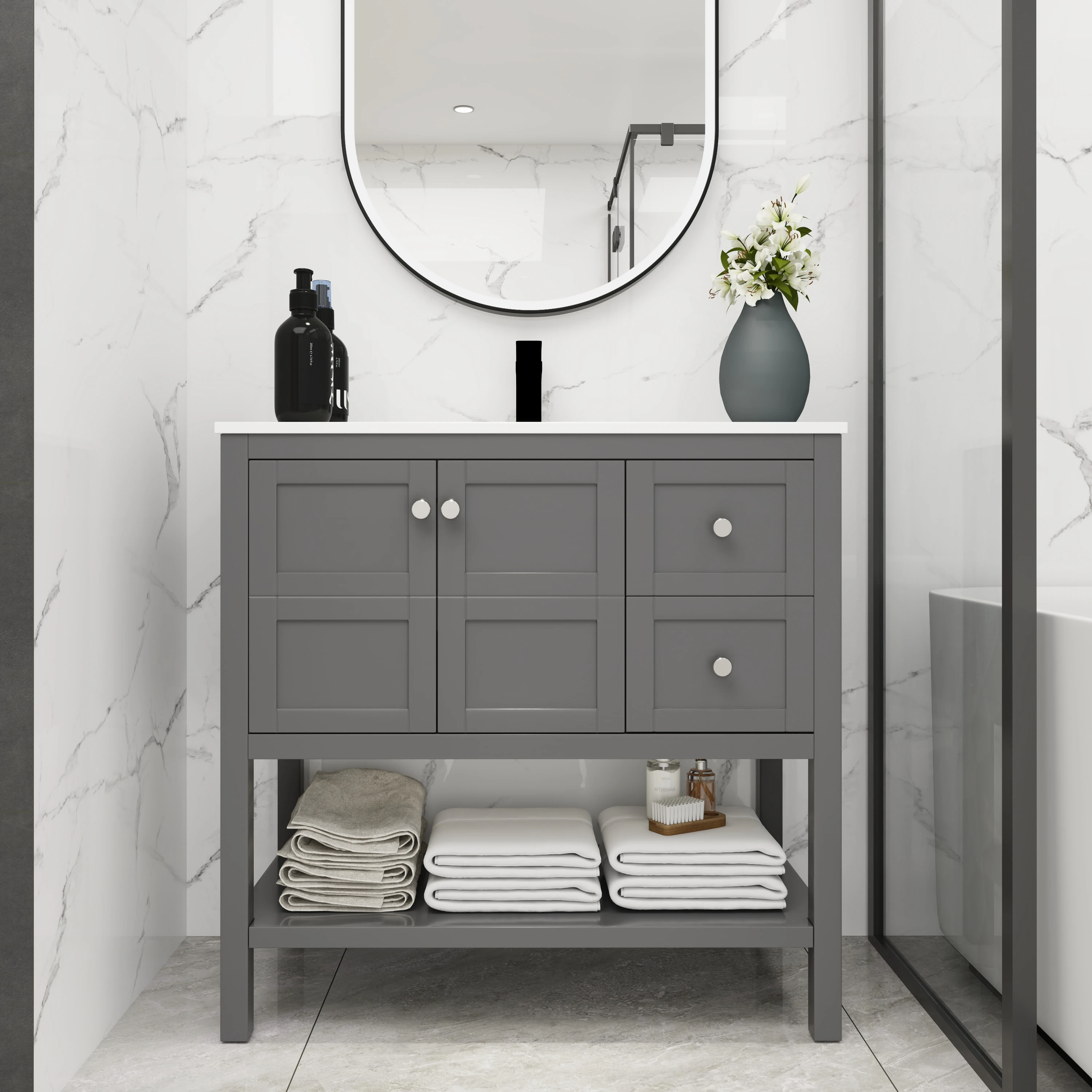 

Sturdy and Stylish Bathroom Sink with Soft Close Drawers and Gel Basin - 36x18 Inches