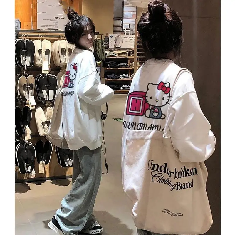 Sanrio Hello Kitty Cute White Streetwear Women\' Y2k Clothing Hoodie Sweatshirt Campus Hoodie Female Oversize Street Tops Hoodies