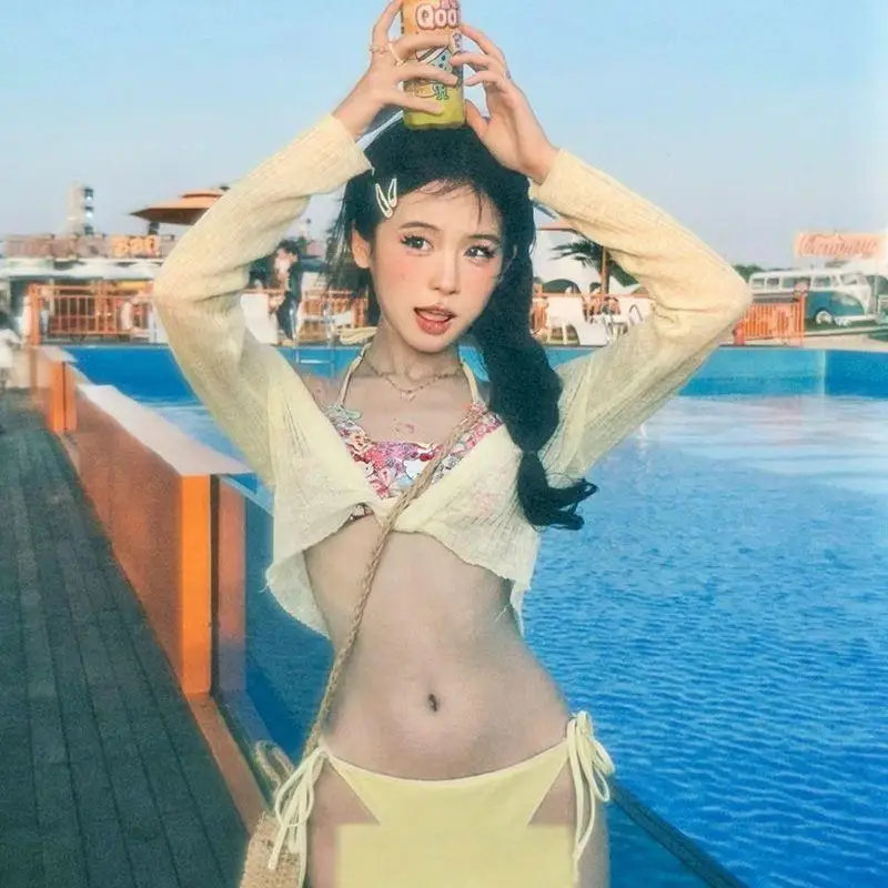 Sanrio Hot Bikini Set Hello Kitty Bikini Floral Bikini Sexy Three-Piece Suit Vacation Style Swimsuit Dopamine Bikini Wrap Skirt