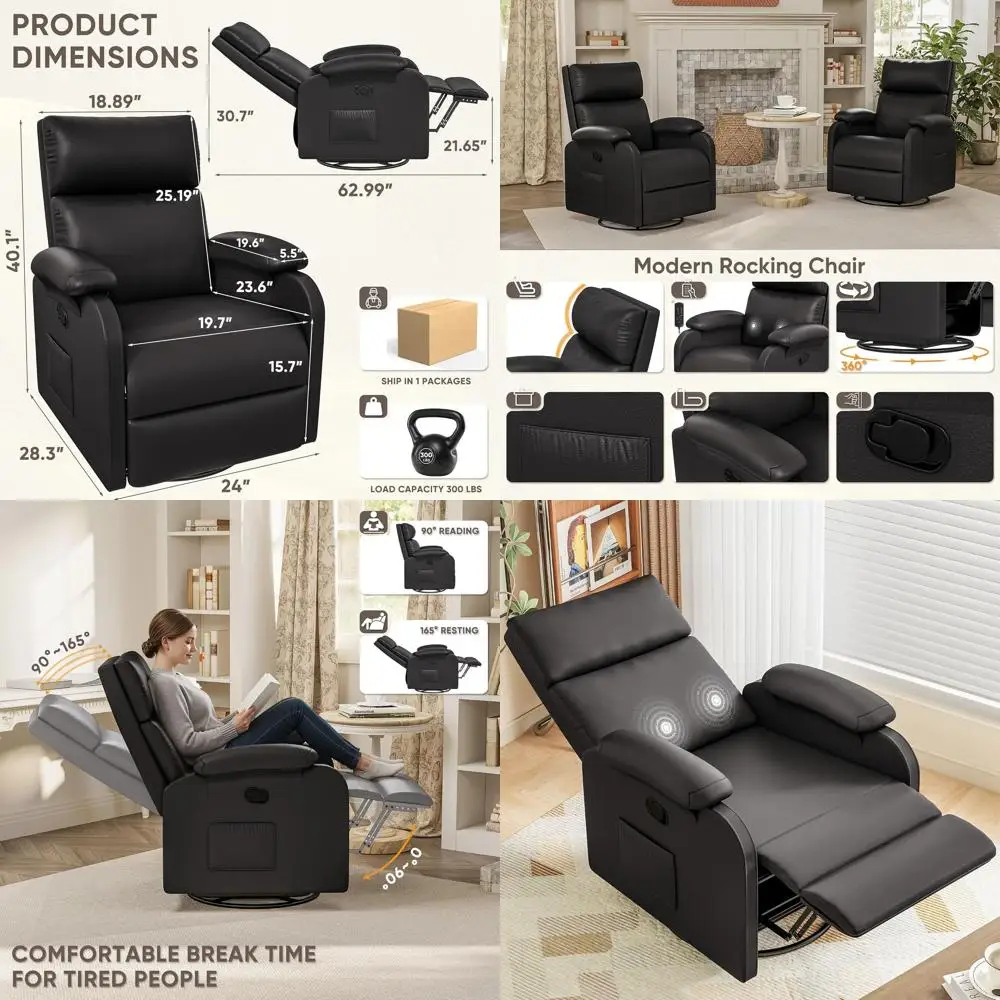 

Black Leather Swivel Glider Recliner with Adjustable Backrest and Ottoman for Adults and Nursery