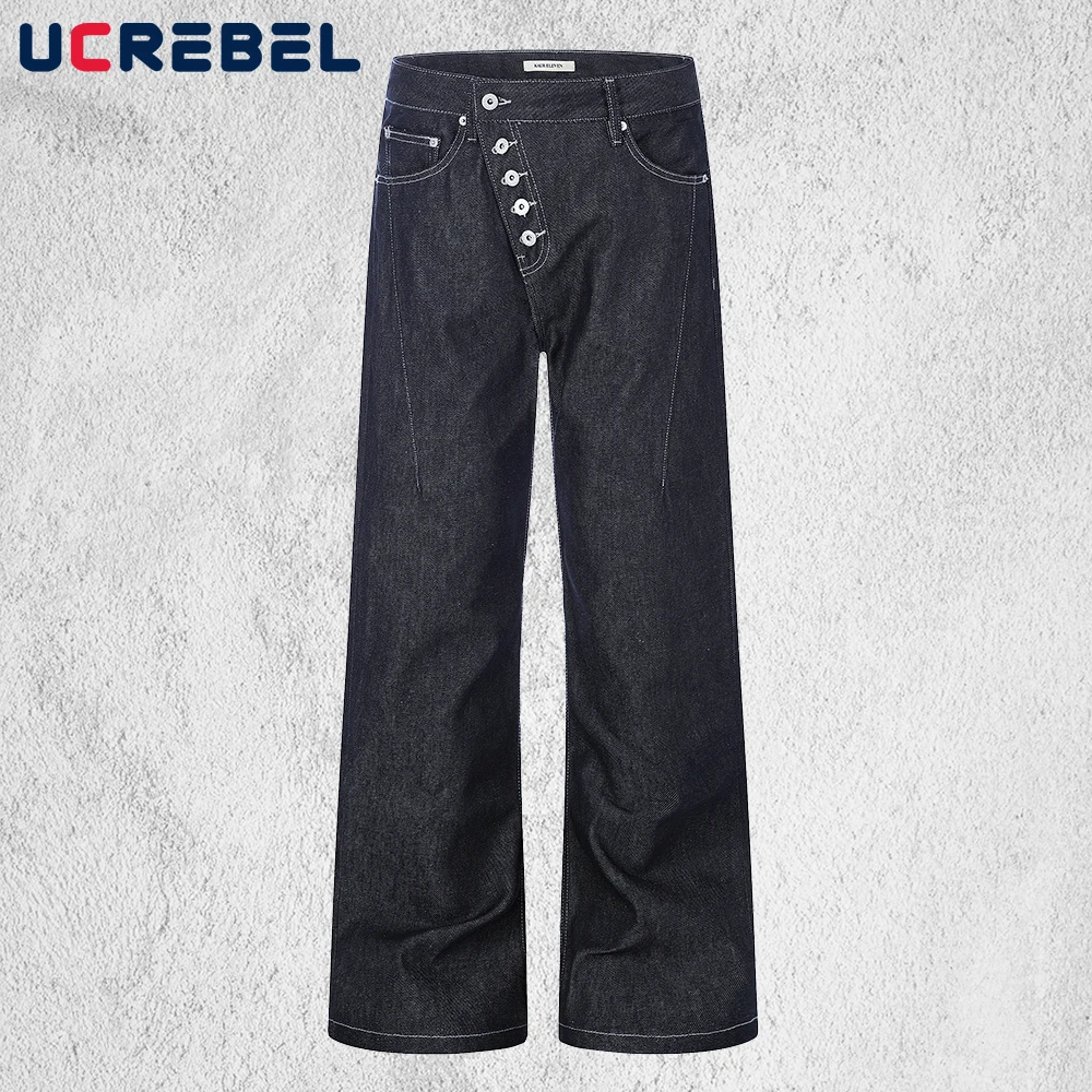 

Single Breasted Raw Jeans Mens Topstitch Retro High Street Straight Baggy Denim Pants Man