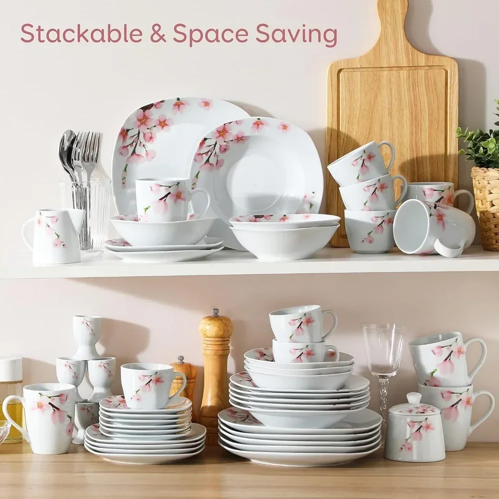 Series Annie, 50 PCS Floral Dinnerware Sets for 6, Including Porcelain Plates and Bowls Sets with Mugs, Egg Stands, Cup and