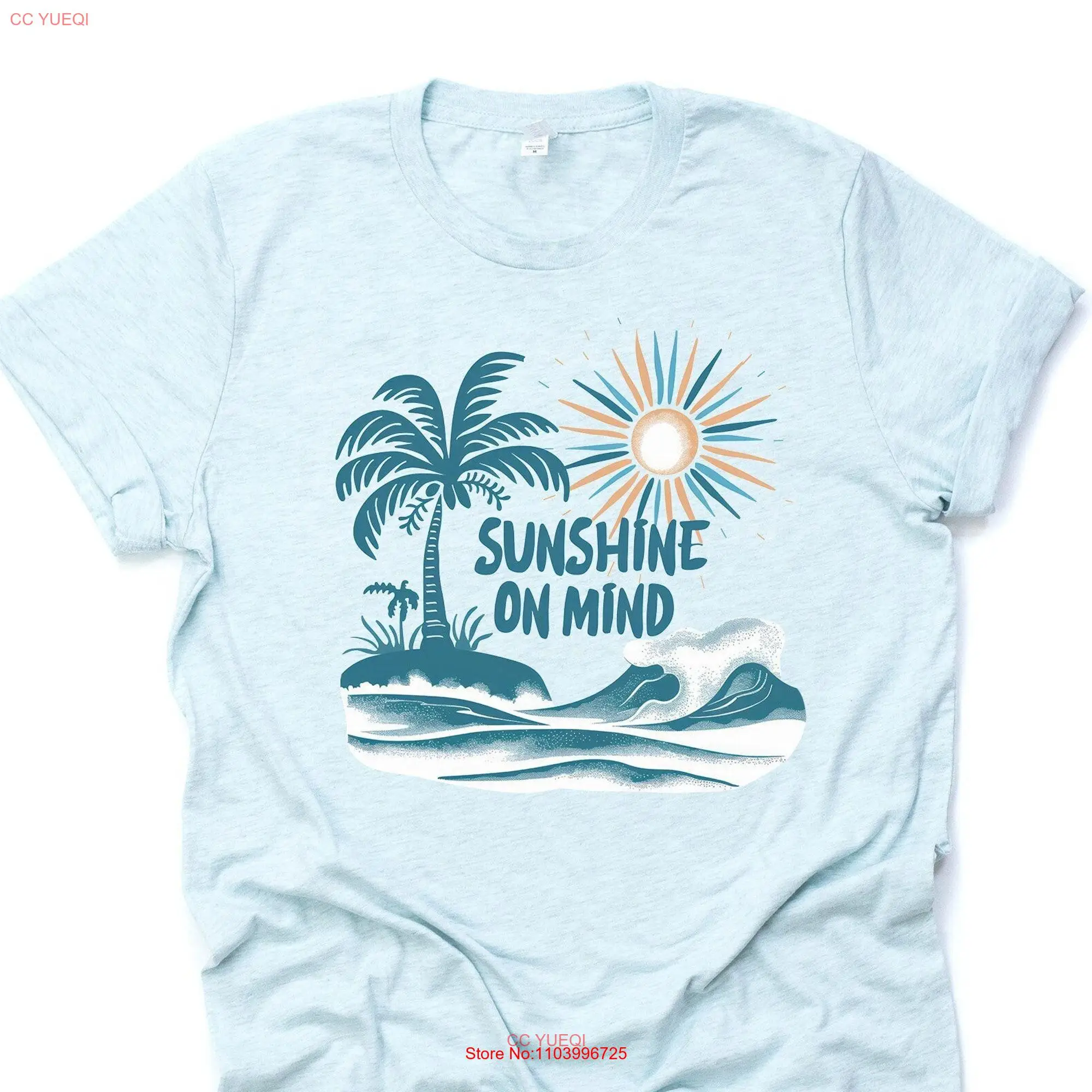 Summer Beach T Shirt Sunshine on My Mind Sun Palm Tree Design premium unisex 6 color choices 3X 4X long or short sleeves