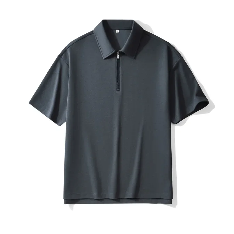 Pop 220g Men's Turn-down Collar Short Sleeve T-shirts Casual Trendy Solid Color Zipper Japanese New Fashion Loose T-shirts Male