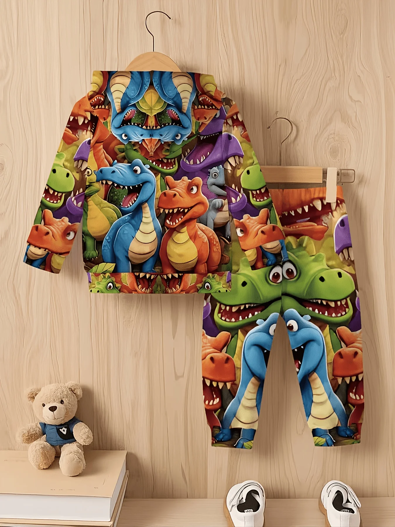 Cartoon Dinosaur All Over Print Boys Tracksuit 2Pcs Hooded Sweatshirt+Pants Toddler Kids Spring Autumn Casual Clothing Set