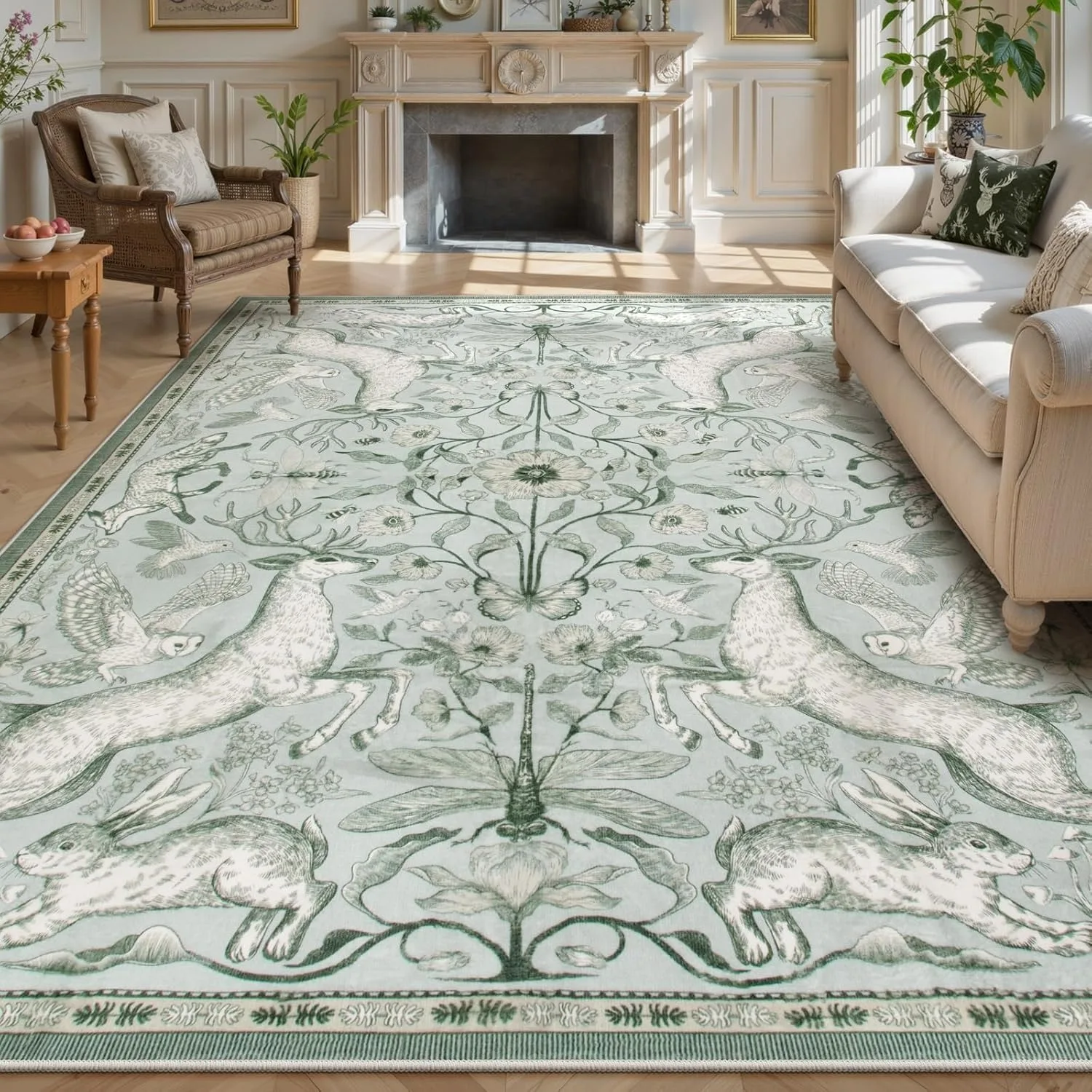 Modern Animal Elk Print Carpet for Living Room Botanical Rabbits Pattern Sofa Coffee Table Floor Mat Soft Washable Bedroom Rug