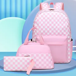 High Quality Junior Schoolbag For Girls Waterproof School Backpack Three-piece Elementary Simple Plaid Large Capacity Backpack