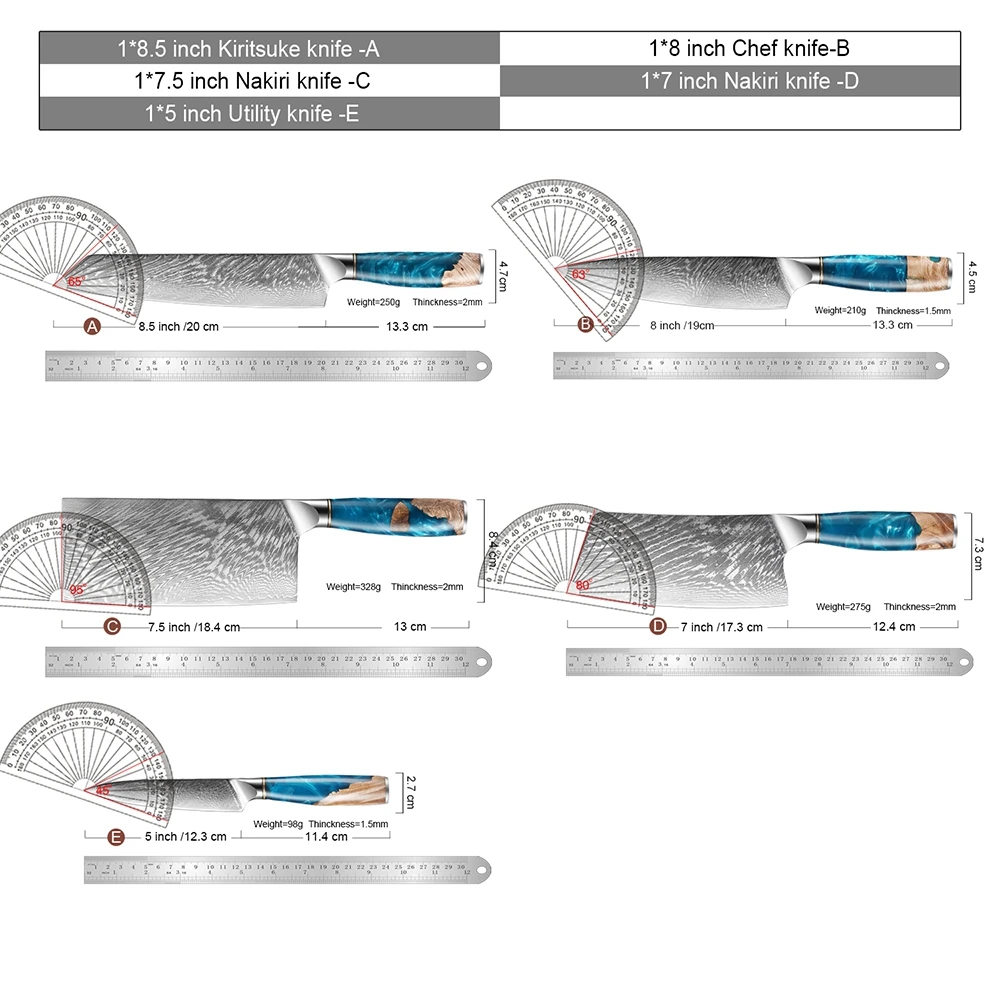 Razor-sharp Damascus steel kitchen knife 1-5PCS set professional Chinese chef knife cooking knife resin-stabilized wood handle